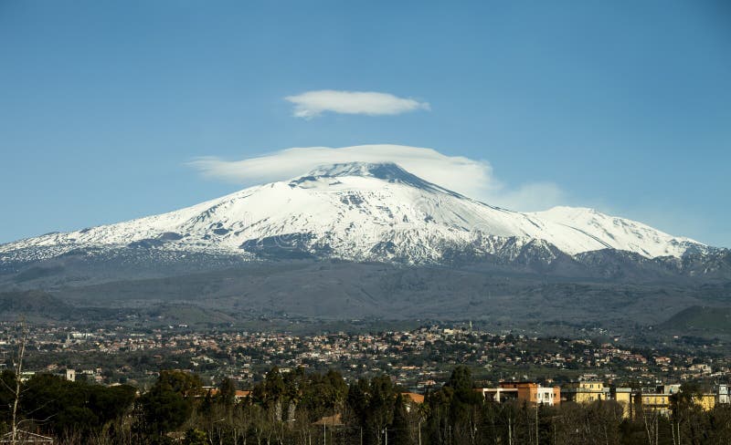 Mount Etna with snow-covered peak. Panoramic photo. stock photography Mount Etna with snow-covered peak. Panoramic photo. stock photography