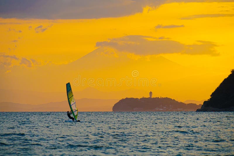 Mount Fuji and Enoshima and Yacht silhouette Zushi coast