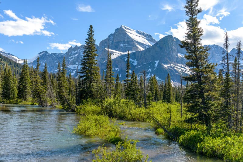 Mount Gould at Cataract Creek. Springtime snow melting water running down Cataract Creek at base of Mount Gould in Many Glacier region of Glacier National Park royalty free stock photo Mount Gould at Cataract Creek. Springtime snow melting water running down Cataract Creek at base of Mount Gould in Many Glacier region of Glacier National Park royalty free stock photo