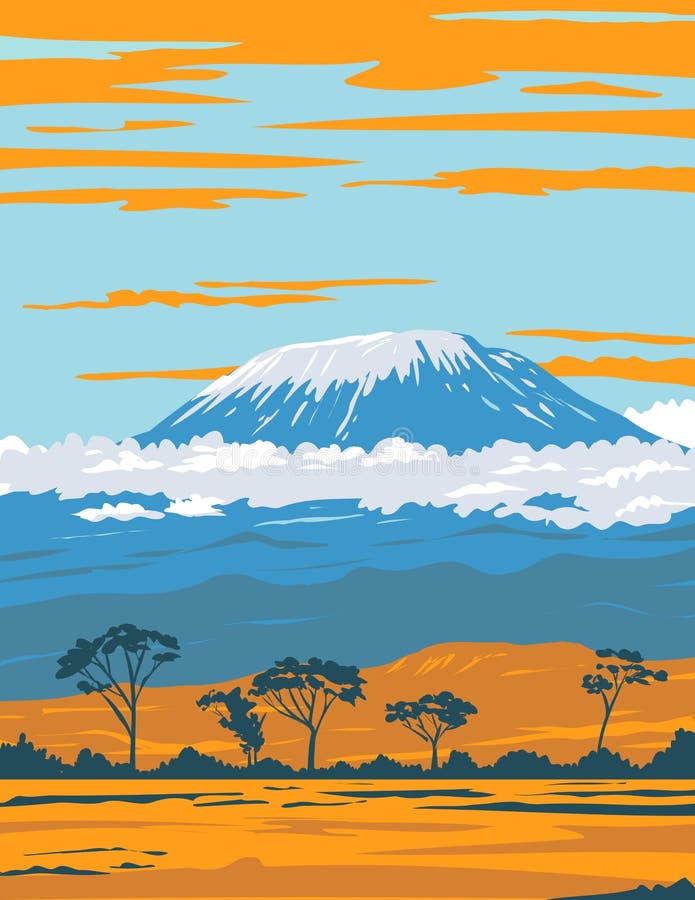Mount Kilimanjaro Dormant Volcano in Tanzania the Highest Mountain in Africa WPA Poster Art