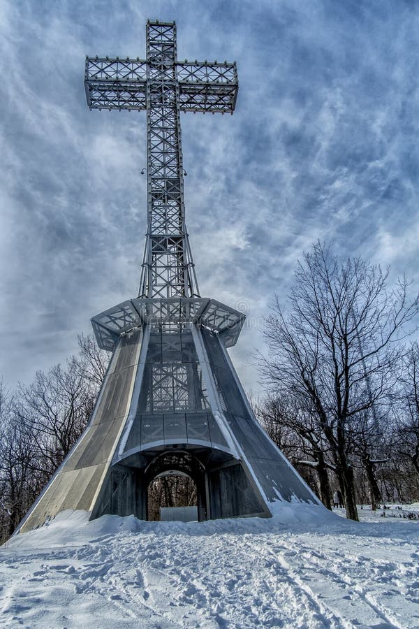 The Mount Royal Cross in winter stock images The Mount Royal Cross in winter stock images