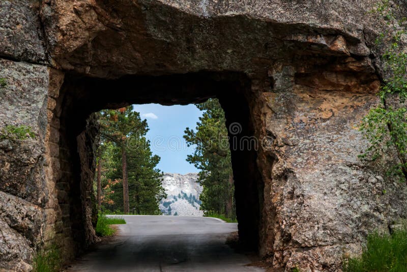 Mount Rushmore framed by tunnel in the Black Hills of South Dakota, USA