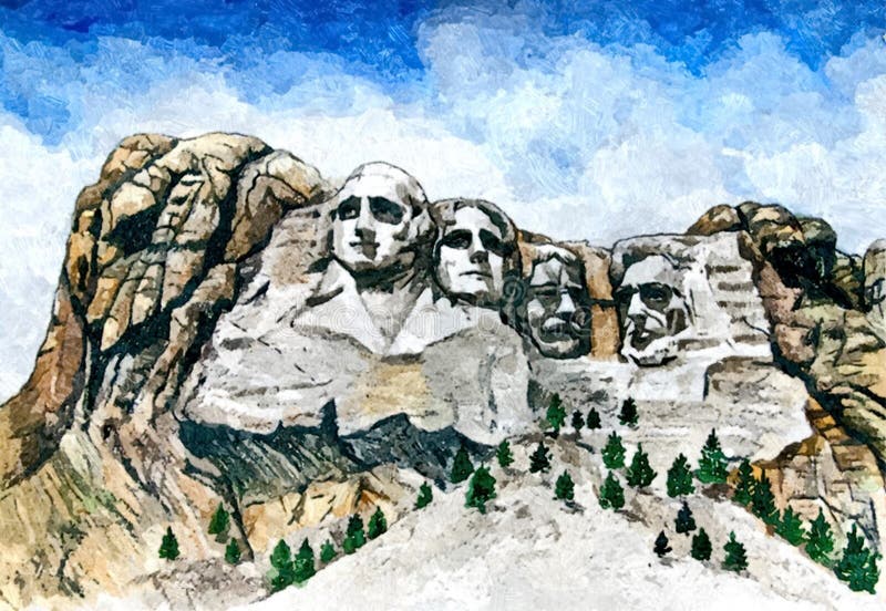 Mount Rushmore - Mount presidents. Painting wet watercolor on paper. Naive art. Drawing watercolor on paper. royalty free illustration Mount Rushmore - Mount presidents. Painting wet watercolor on paper. Naive art. Drawing watercolor on paper. royalty free illustration