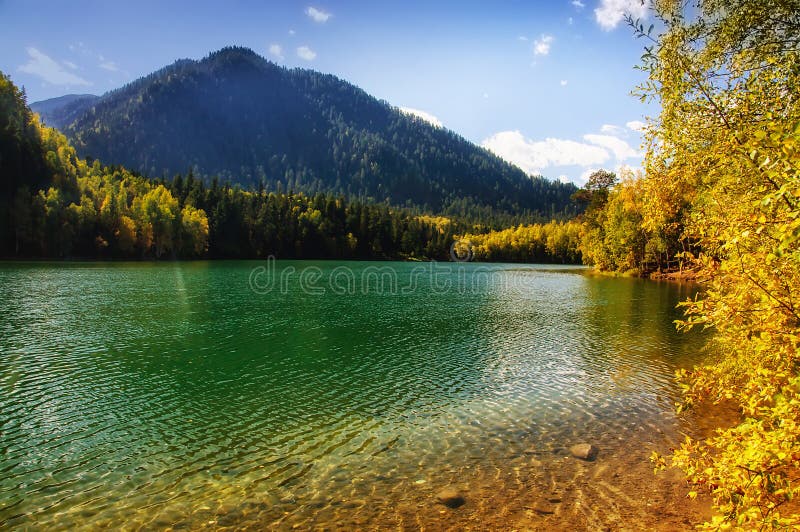 Mountain autumn green siberia lake with reflection