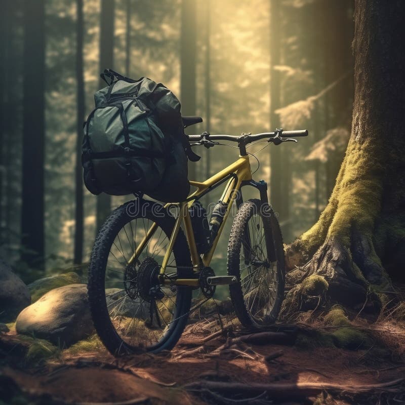 Mountain Bike with Backpack Standing Near Tree in Jungle. Generative AI