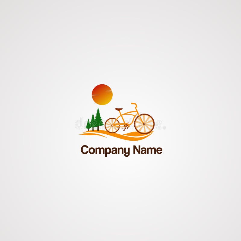 Mountain Bike Logo Vector with Wave , Tree Pine and Sun, Element, and