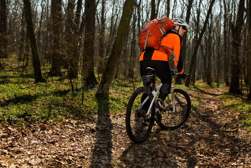 Mountain biker riding on bike in springforest landscape. royalty free stock photo Mountain biker riding on bike in springforest landscape. royalty free stock photo