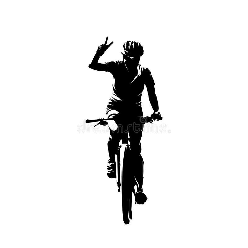 Mountain biker waving, victory. Woman riding bike. Cycling, isolated vector silhouette