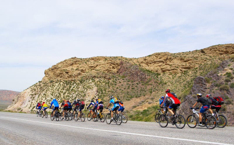 Mountain bikers group on road