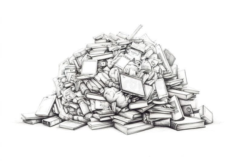 Mountain of books, gadgets, and screens piling up on a fragile brain vector illustration