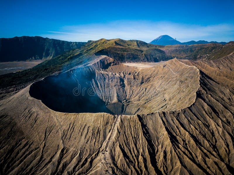 Mountain Bromo active volcano crater in East Jawa, Indonesia. Top view from drone fly