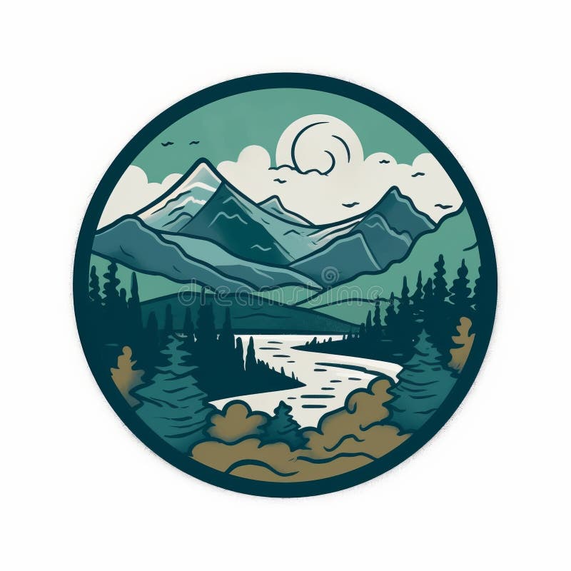 Mountain and Creekside Disc Golf Logo Sticker Stock Illustration