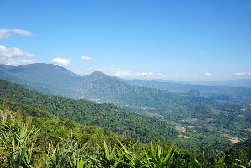 Beautiful view of mountains and bright blue skies in Nan Province, Northern Thailand. copy space. stock images