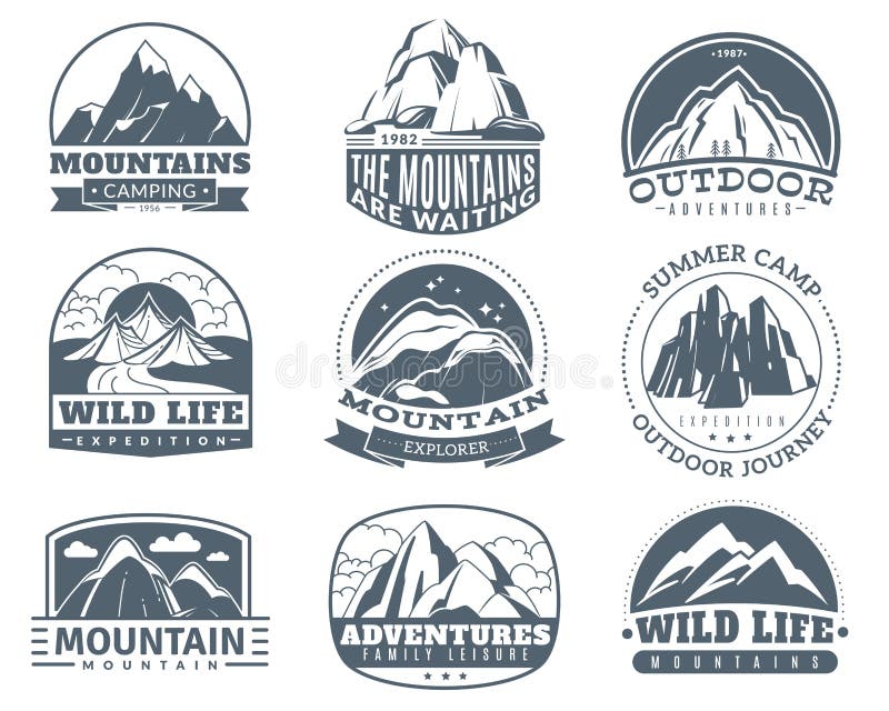 Mountain emblems. Hiking labels with snow mountains peak landscape. Camp and tourism vintage vector logo set vector illustration