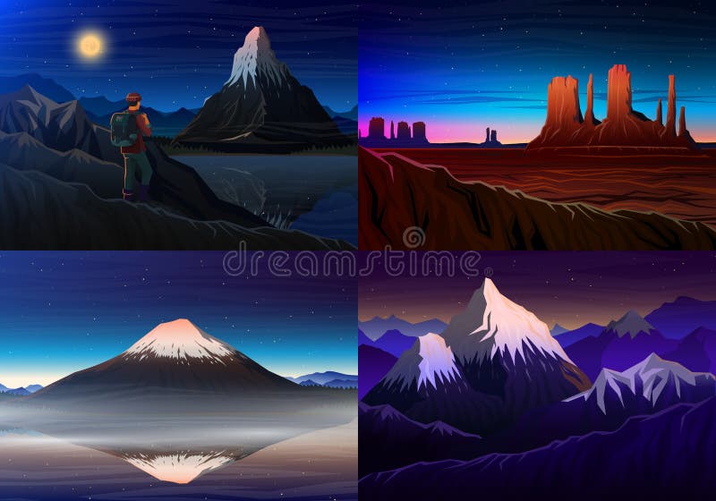 Mountain everest, matterhorn, Fuji with tourist, Monument Valley, night panoramic view, peaks, landscape early in