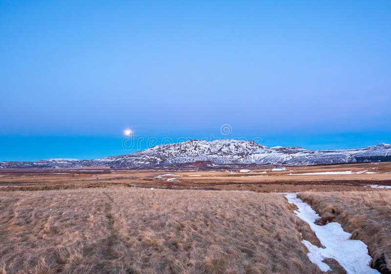 Mountain and Field Under Full Moon in Iceland Stock Photo Image of