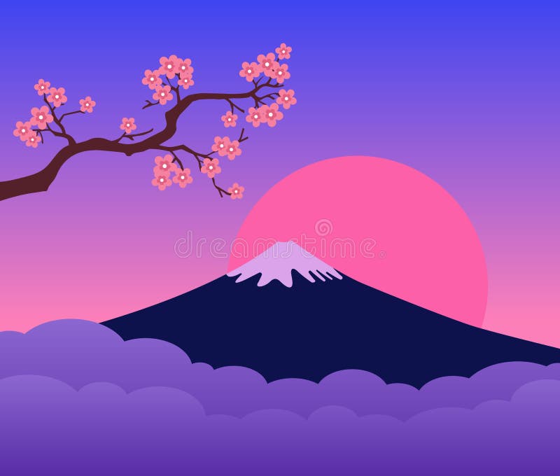 Mountain Fuji Japan Sunset and Cherry Blossoms Branch