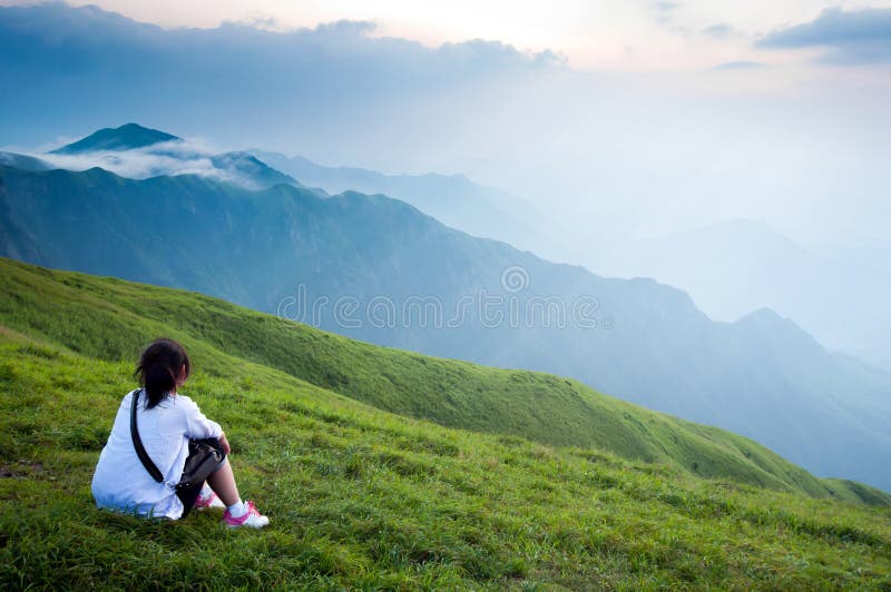 Mountain Girl Sitting In The Lawn Of View Stock Photo Image of