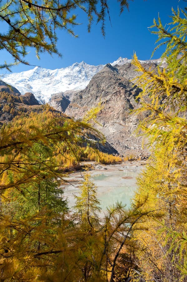 Ľadovcové jazero ukryté v lese nad Saas Fee, Švajčiarsko.