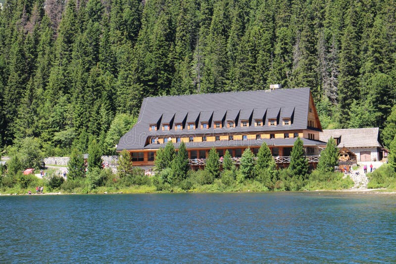 Mountain hut on shore of Popradske pleso lake in High, Tatras