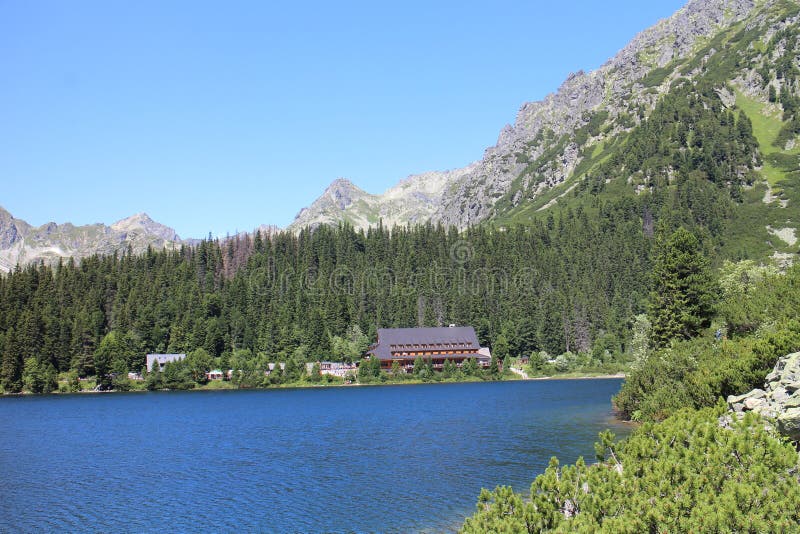Mountain hut on shore of Popradske pleso lake in High, Tatras