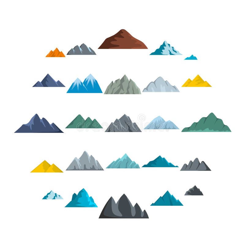 Mountain Icons Set, Flat Style Stock Illustration - Illustration of ...