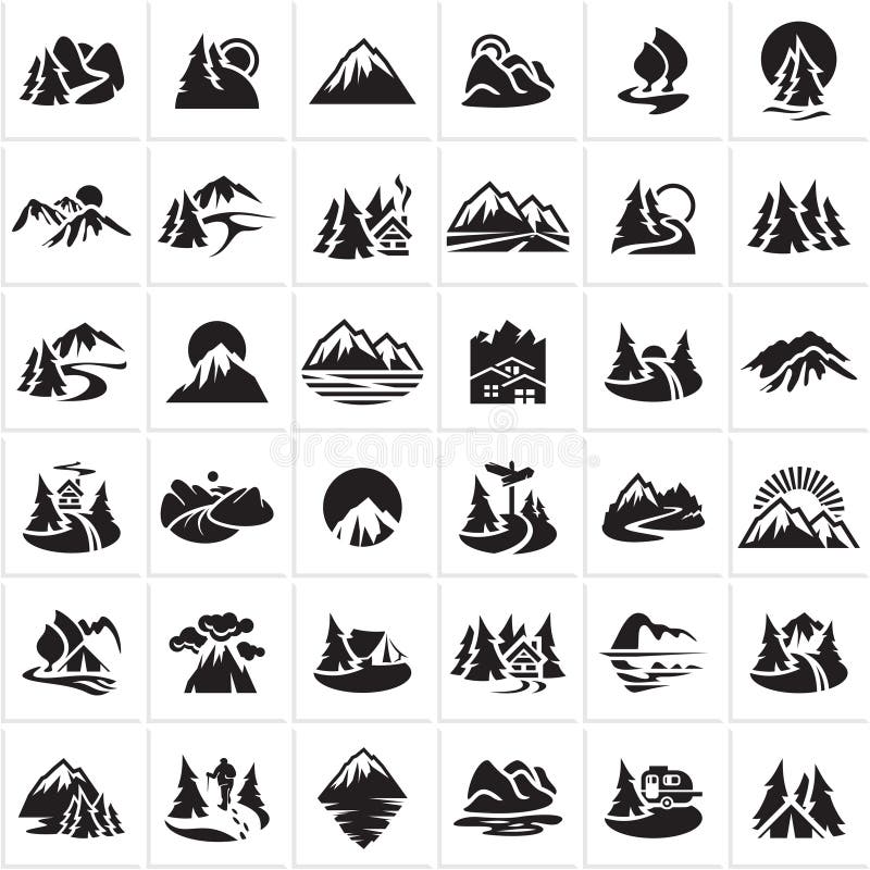 Mountain icons set, nature landscape icons