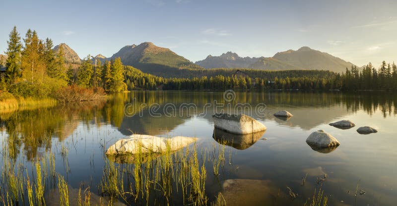 Mountain lake.High resolution panorama of the lake in Strbske Pleso