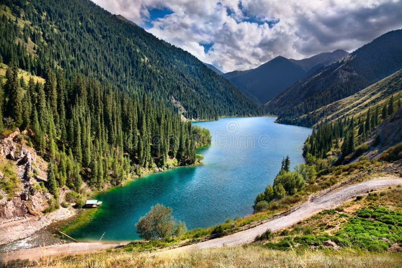 Mountain lake Kolsai in Kazakhstan stock images