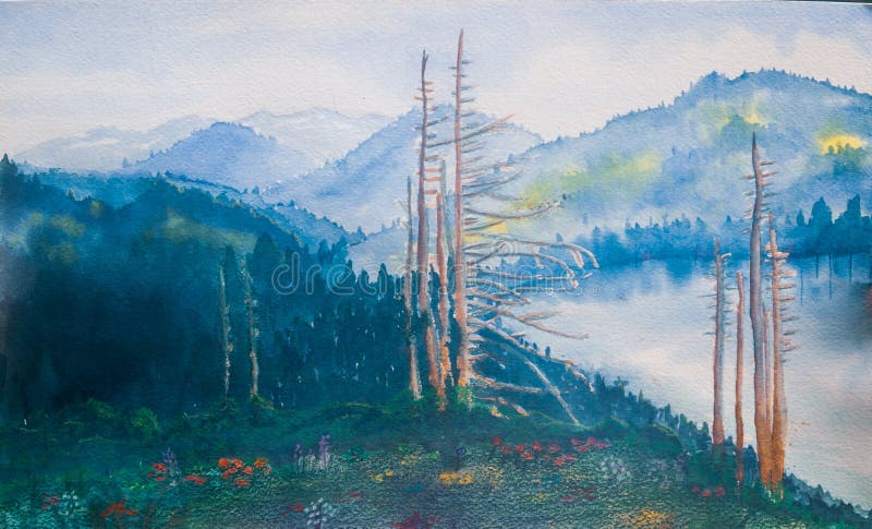Mountain Lake Landscape - Original Watercolor Painting