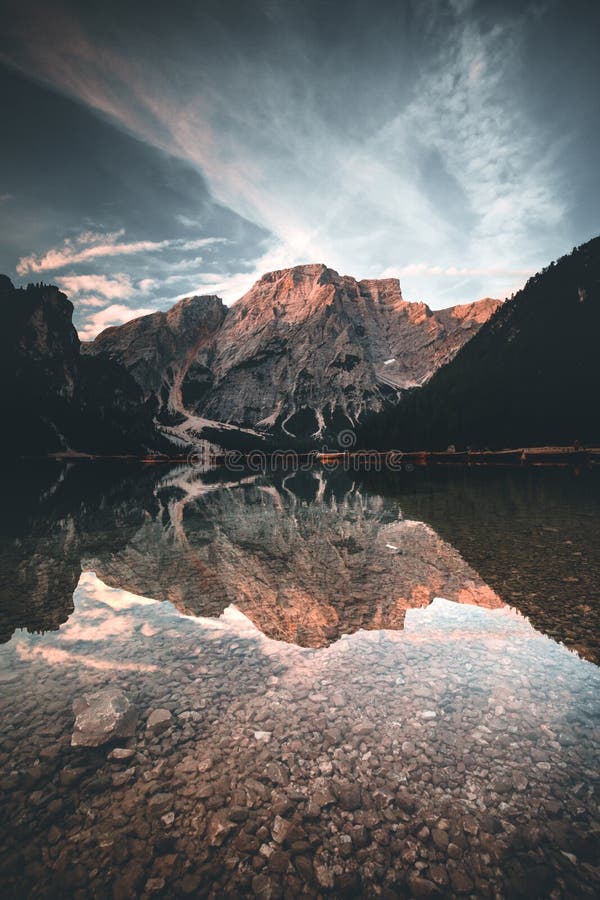 Mountain Lake Reflection at Lago di Braies in summer