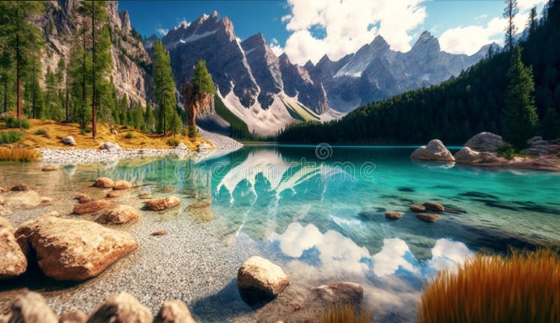 Mountain lake for swimming. Generative AI vector illustration