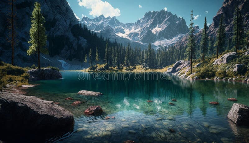 Mountain lake for swimming. Generative AI stock illustration