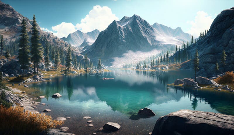 Mountain lake for swimming. Generative AI stock illustration