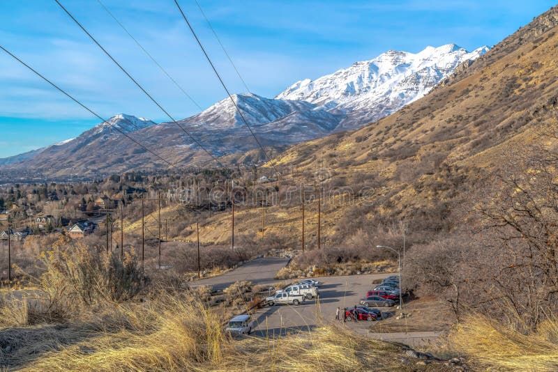 Mountain Landscape Aerial View with Road Vehicles and Houses on a Sunny ...