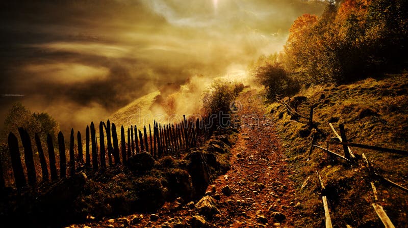 Mountain landscape with autumn morning fog at sunrise - Fundatura Ponorului, Romania