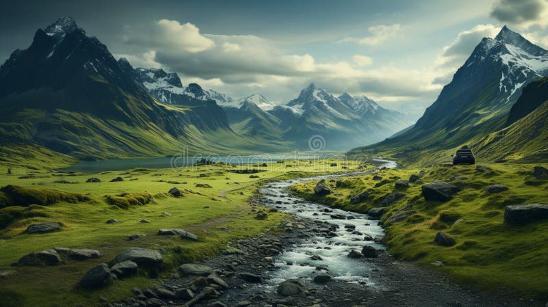 A mountain landscape with a car driving down the road vector illustration