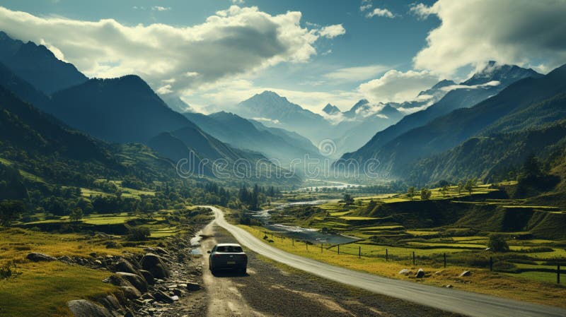 A mountain landscape with a car driving down the road royalty free illustration