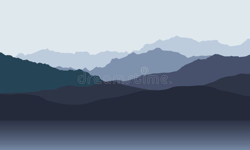 Mountain landscape with hills on shore of lake or sea, under morning or evening gray sky