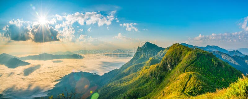 Mountain landscape nature summer or spring background with sun r