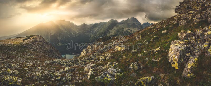 Mountain Landscape Panorama with Tarn at Sunset