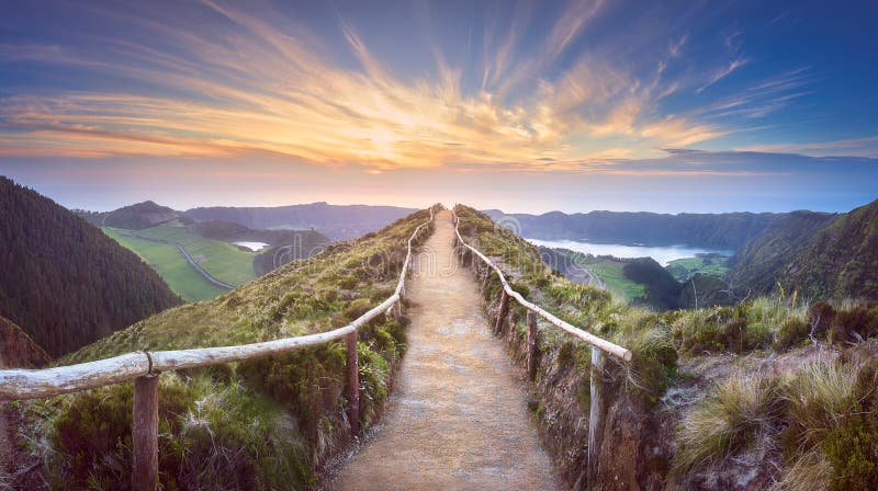 Mountain landscape with hiking trail and view of beautiful lakes Ponta Delgada, Sao Miguel Island, Azores, Portugal. Mountain landscape with hiking trail and view of beautiful lakes Ponta Delgada, Sao Miguel Island, Azores, Portugal.