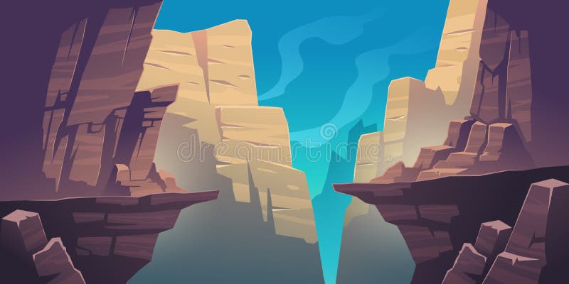 Mountain landscape with precipice in rocks. Vector cartoon illustration of abyss between cliffs, canyon or gorge. Dangerous rocky crack, gap or chasm divides stone ledge. Mountain landscape with precipice in rocks. Vector cartoon illustration of abyss between cliffs, canyon or gorge. Dangerous rocky crack, gap or chasm divides stone ledge