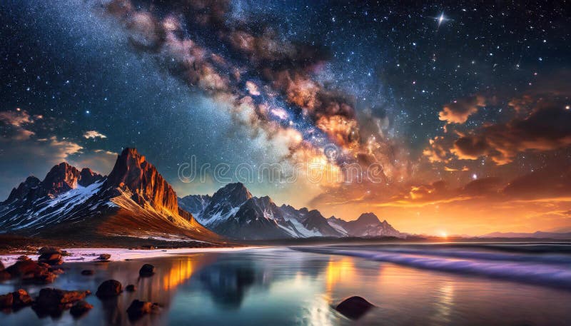 Mountain landscape with starry sky and milky way. Elements of this image furnished by NASA royalty free stock image