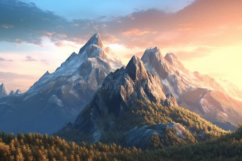 Mountain Landscape Sunrise Over The Mountain Peaks Stock Illustration