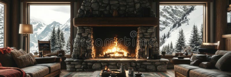 Mountain Lodge with Fireplace stock photography
