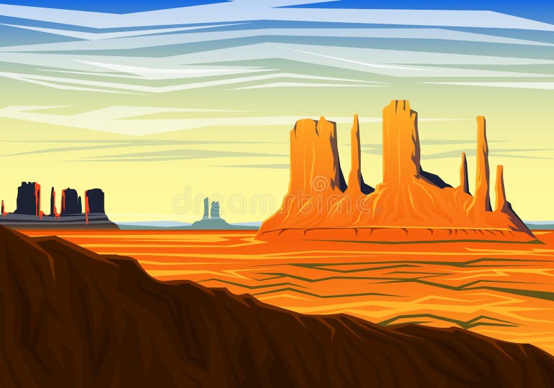 Mountain and Monument Valley, morning panoramic view, peaks, landscape early in daylight. travel or camping, climbing royalty free illustration Mountain and Monument Valley, morning panoramic view, peaks, landscape early in daylight. travel or camping, climbing royalty free illustration