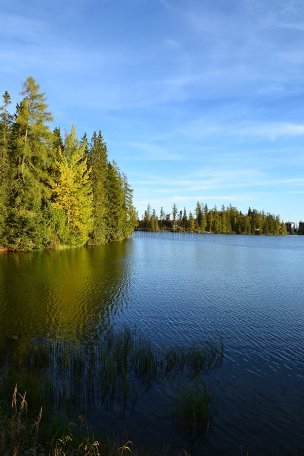 Horská příroda modrá obloha zelená park dřevo mraky jezero reflex pěkný