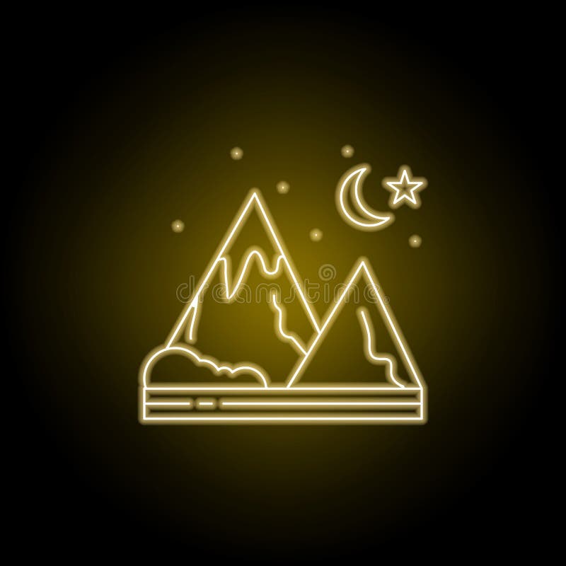 Mountain, night, starts, nature line icon in yellow neon style. Element of landscapes illustration. Signs and symbols line icon stock illustration Mountain, night, starts, nature line icon in yellow neon style. Element of landscapes illustration. Signs and symbols line icon stock illustration