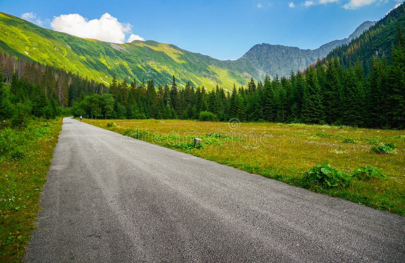 Mountain panorama with green hills and road leading to distance